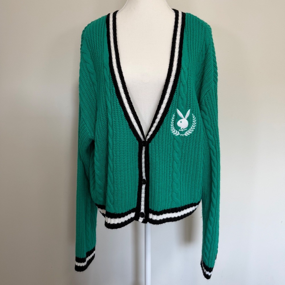 Playboy Cable Knit Varsity Cardigan Sweater Women XL Green Preppy Bunny Logo